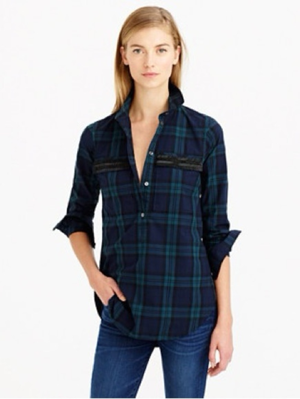 J.Crew Black Watch Plaid Beaded Chevron Popover Shirt - EUC